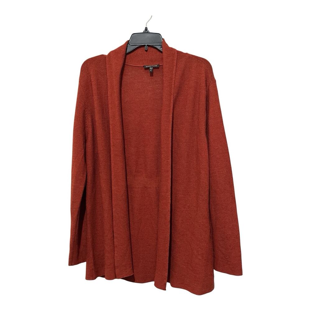 Eileen Fisher Open Front Cardigan Rust Orange Burnt 100% Wool Shawl Collar Sz XL